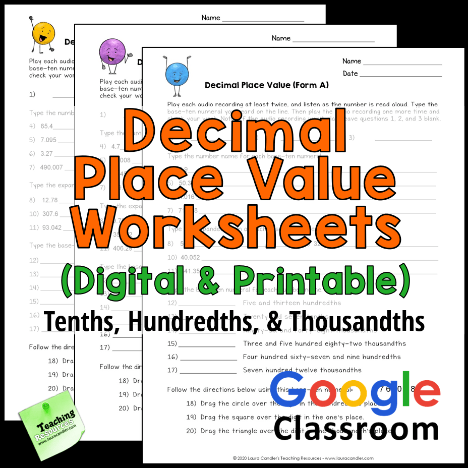 value of decimals worksheet